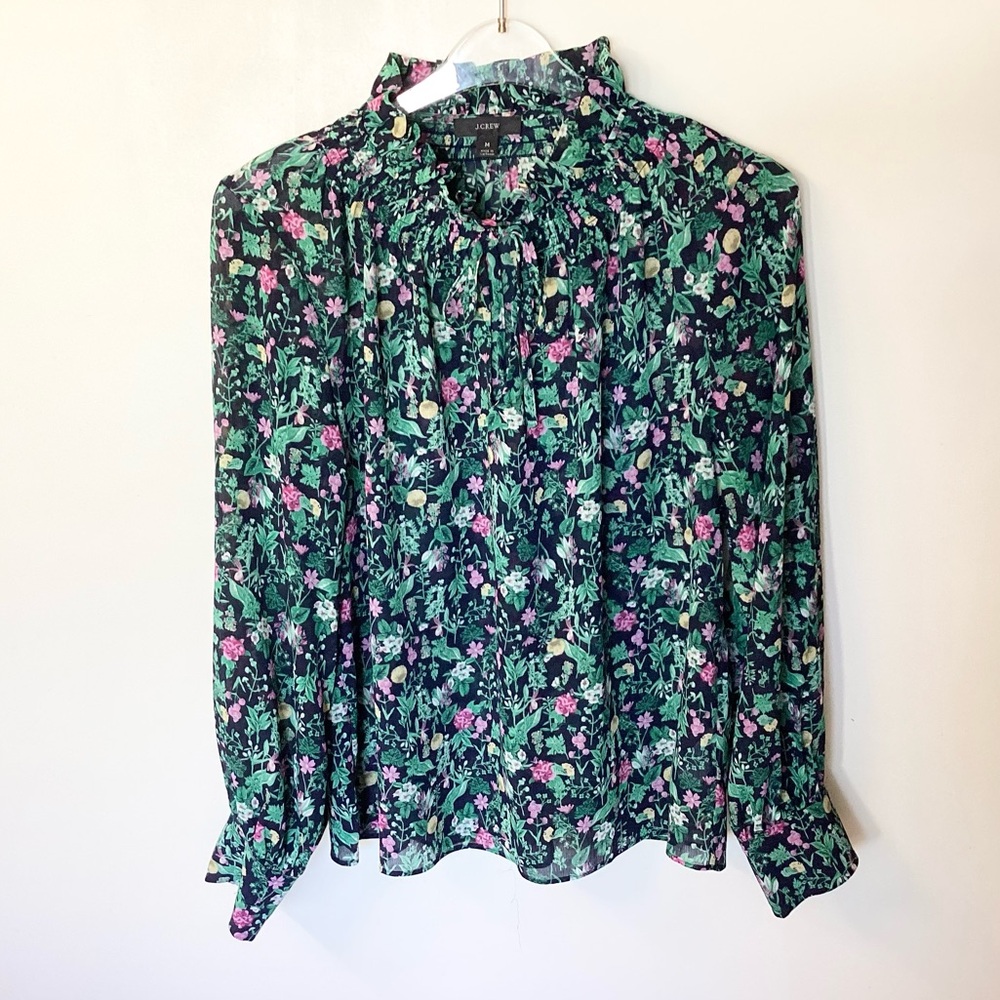 J.Crew Drapey Tie Neck Ruffle Top in Winter Garden Floral - Navy - M